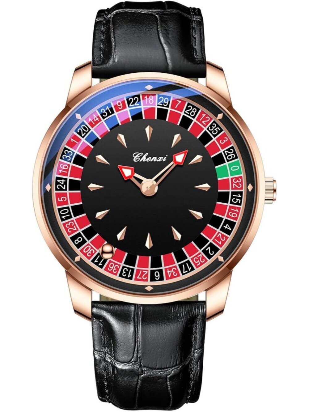 Men's Rose Black Rotating Dial Black Genuine Leather Strap Large Face Watches
